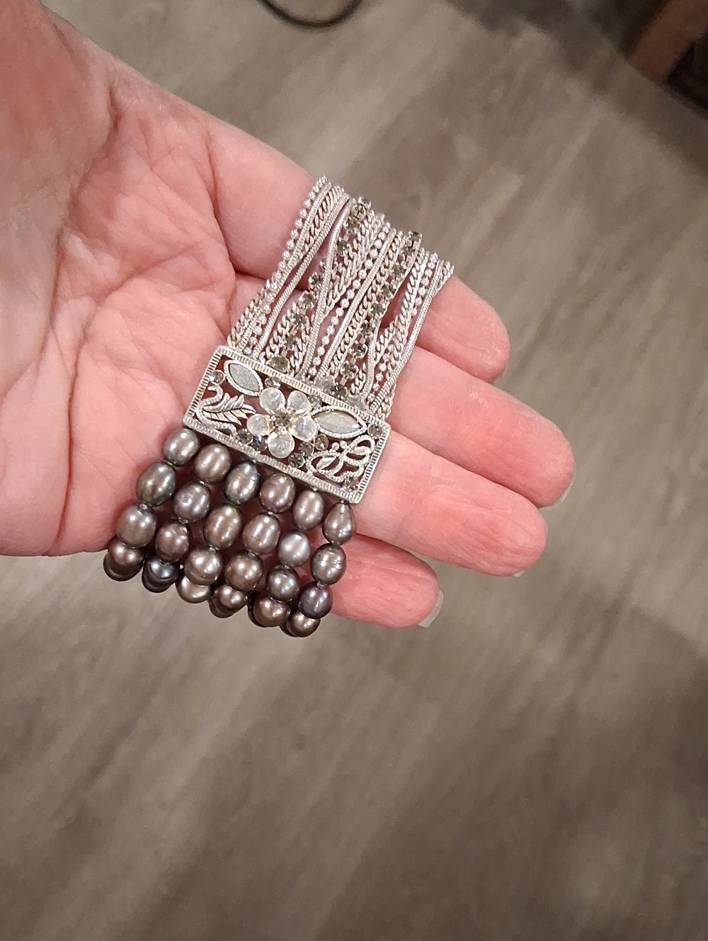 Multi-Strand Silvertone Genuine Pearl Half Stretch Bracelet